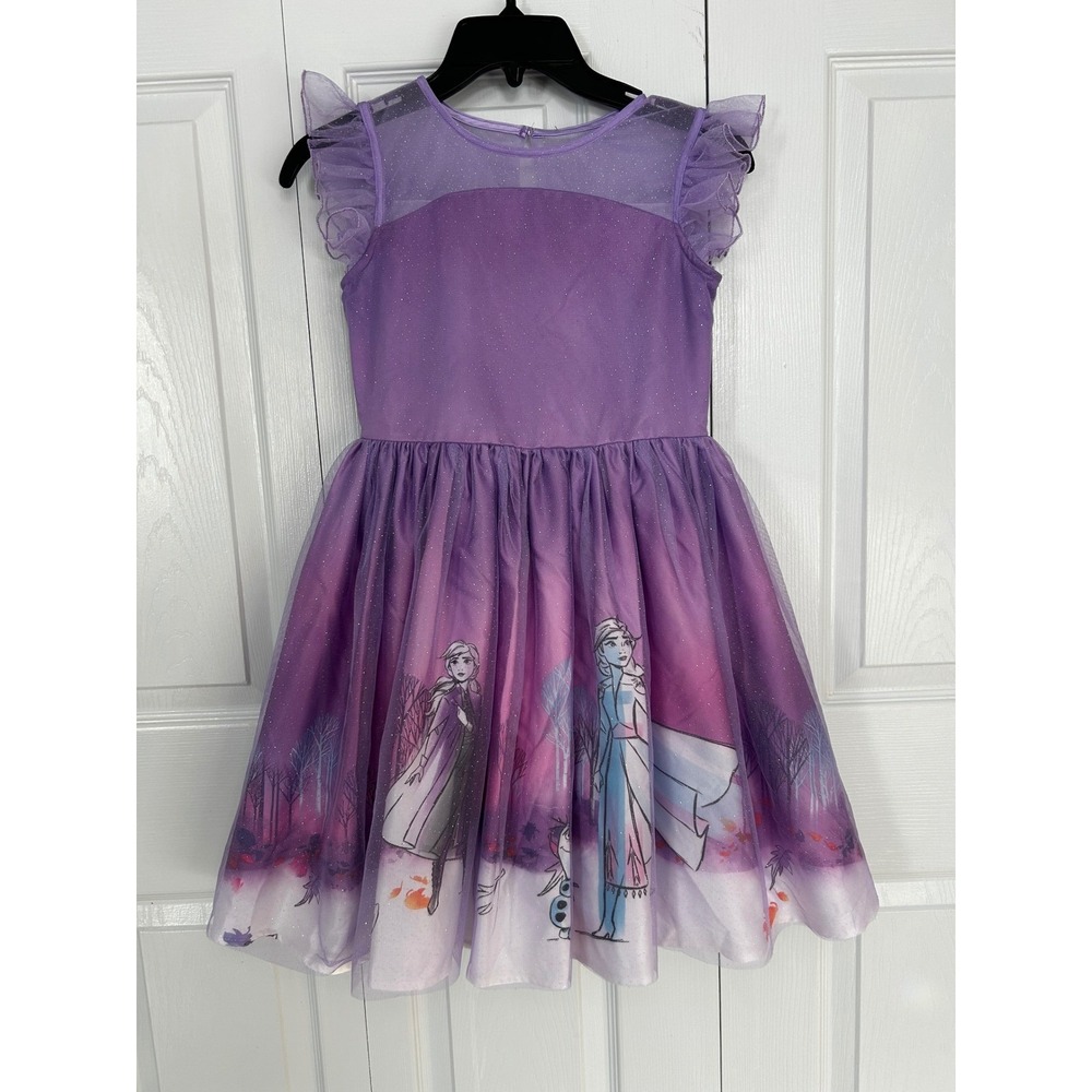 Disney Frozen Elsa Olaf Purple Sparkle Tulle Party Dress Girls 9/10, EUC